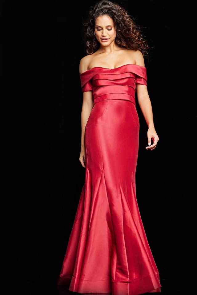 Jovani Evening Dress Jovani 26187 Red Off the Shoulder Mermaid Dress