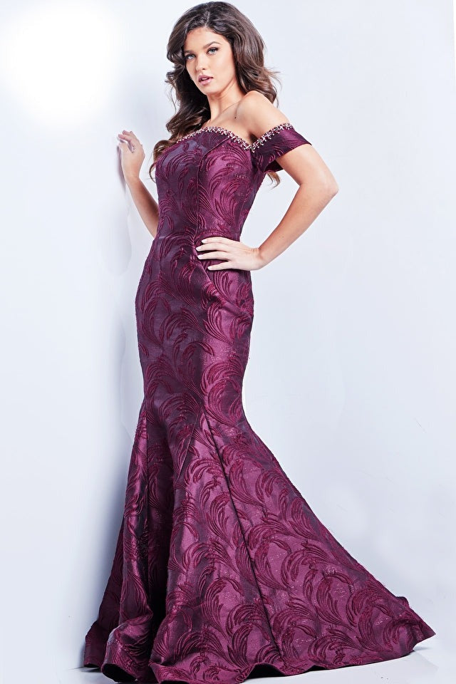 Jovani Evening Dress Jovani 26231 Burgundy Off the Shoulder Mermaid Dress