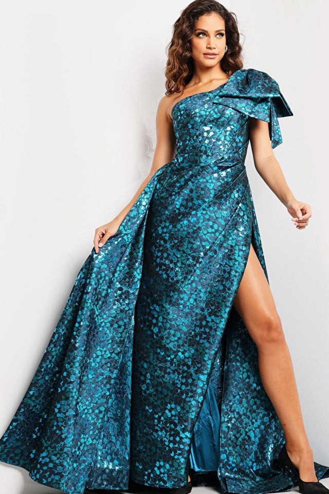 Jovani Evening Dress Jovani 26254 Peacock One Shoulder High Slit Dress