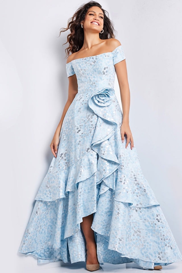 Jovani Evening Dress Jovani 26256 Light Blue Off the Shoulder Brocade Gown