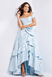 Jovani Evening Dress Jovani 26256 Light Blue Off the Shoulder Brocade Gown