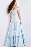 Jovani Evening Dress Jovani 26256 Light Blue Off the Shoulder Brocade Gown