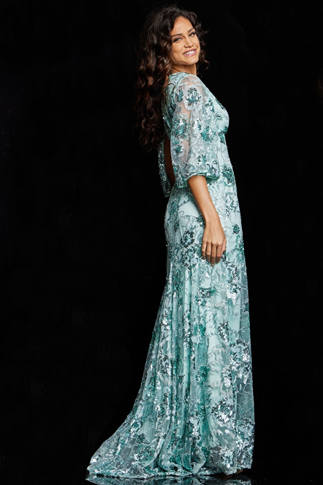Jovani Evening Dress Jovani 26923 Mint Three Quarter Sleeve Embellished Gown