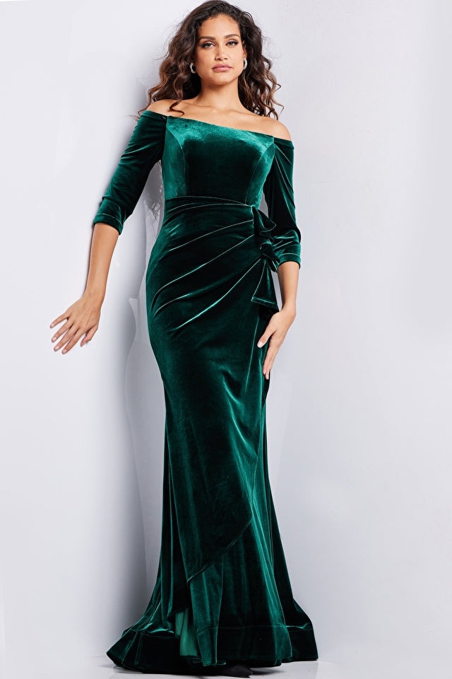 Jovani Evening Dress Jovani 36458 Emerald Three Quarter Sleeve Velvet Dress