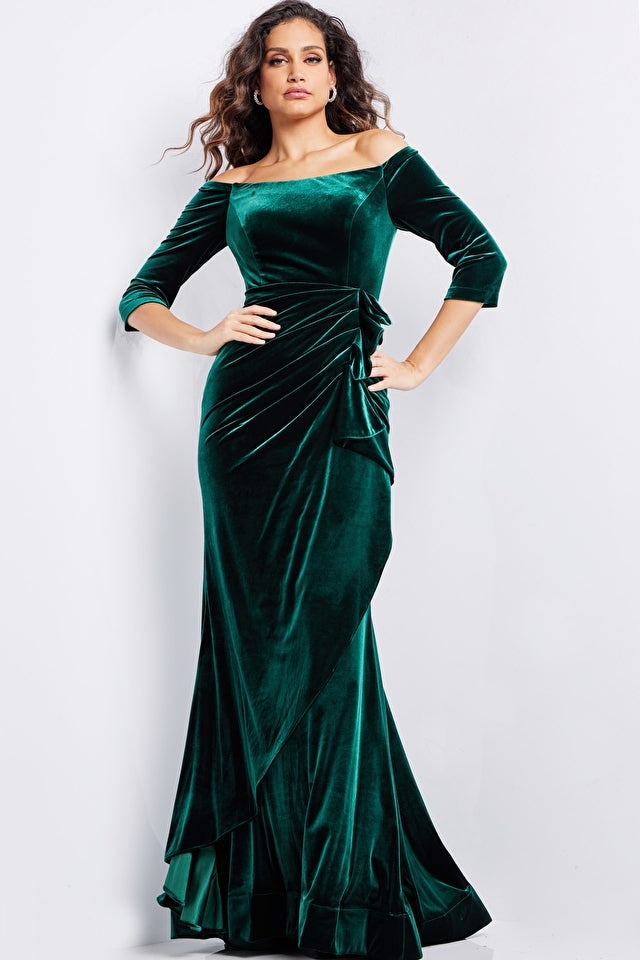 Jovani Evening Dress Jovani 36458 Emerald Three Quarter Sleeve Velvet Dress