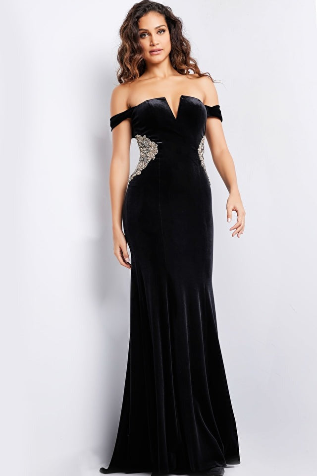 Jovani Evening Dress Jovani 36733 Black Off the shoulder Velvet Dress