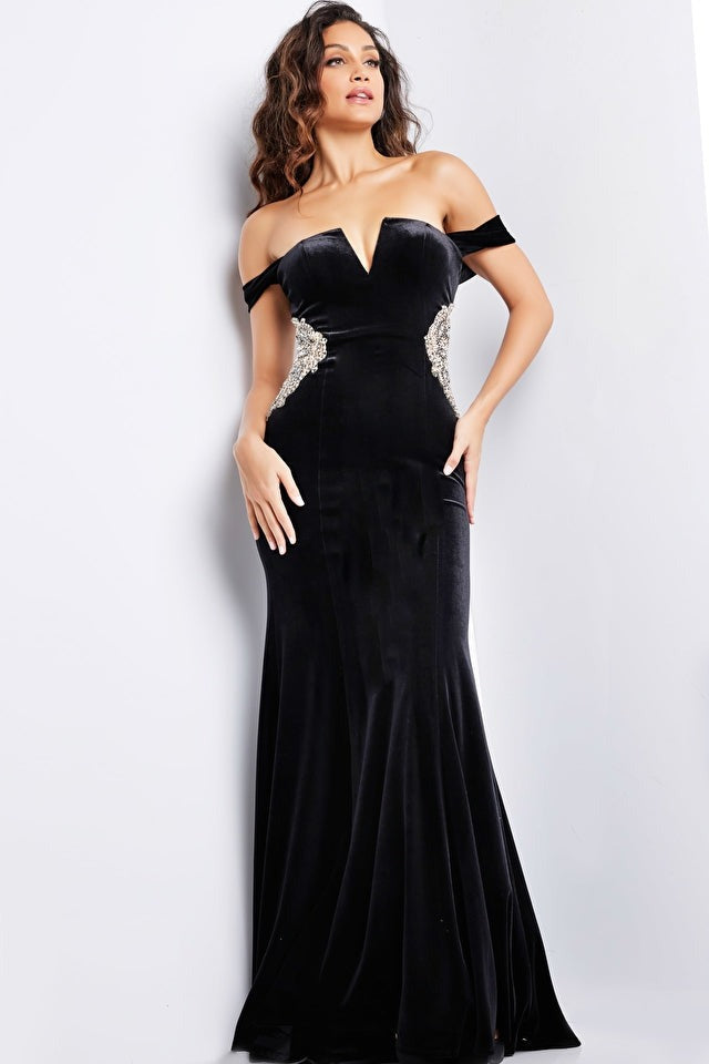 Jovani Evening Dress Jovani 36733 Black Off the shoulder Velvet Dress