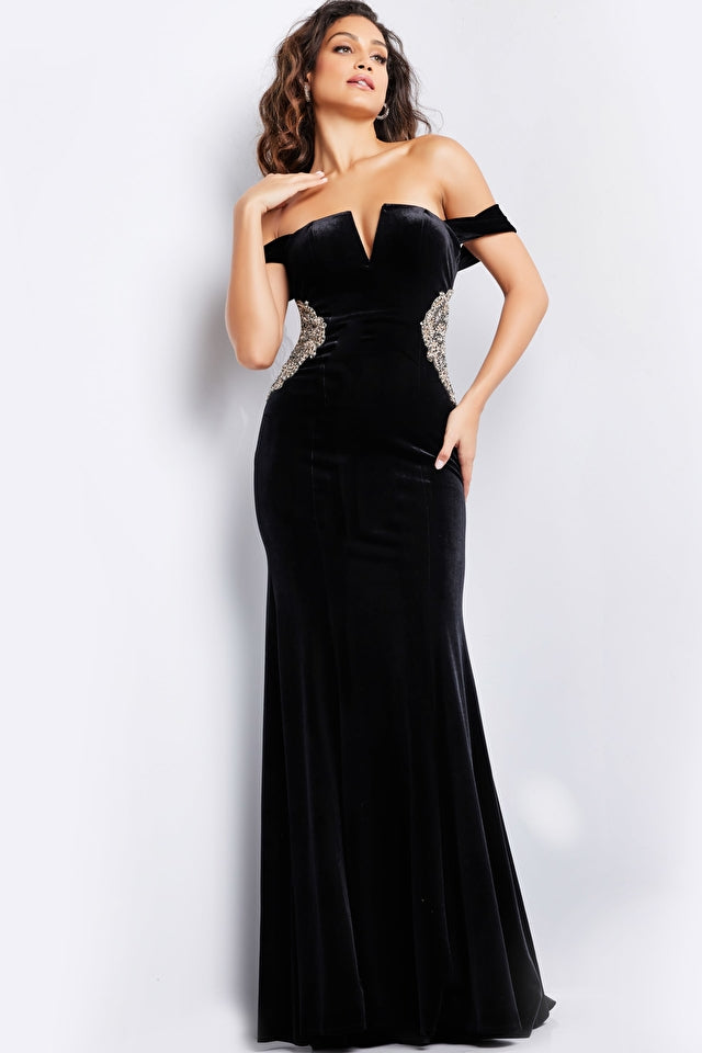 Jovani Evening Dress Jovani 36733 Black Off the shoulder Velvet Dress