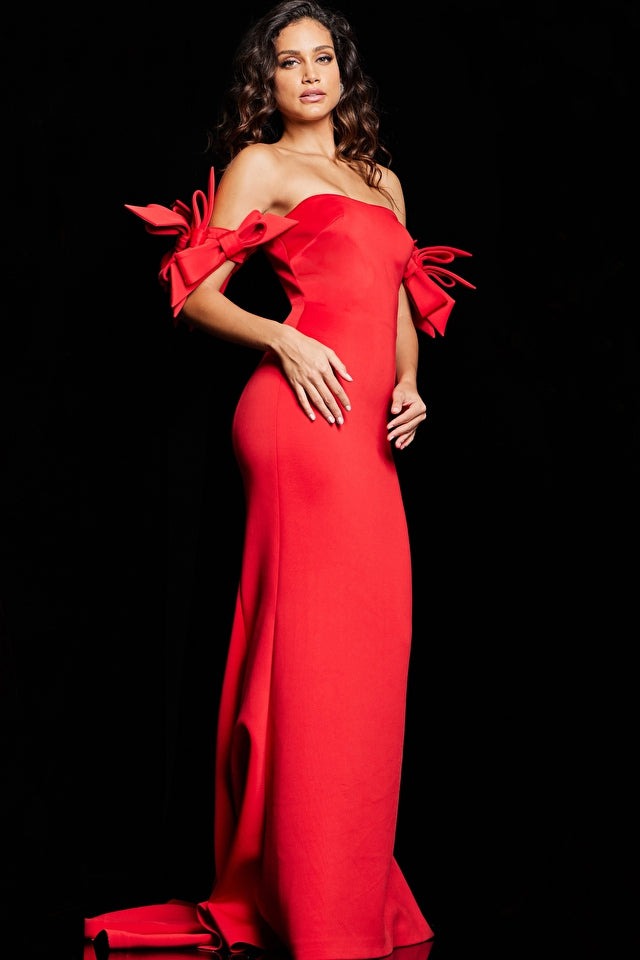 Jovani Evening Dress Jovani 36997 Red Off the Shoulder Fitted Dress