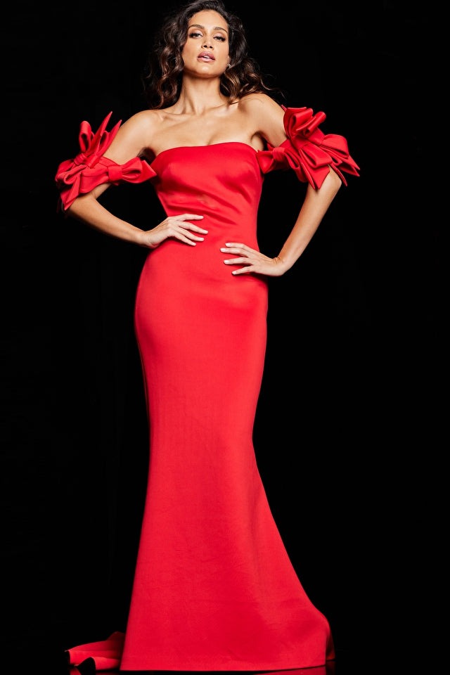 Jovani Evening Dress Jovani 36997 Red Off the Shoulder Fitted Dress