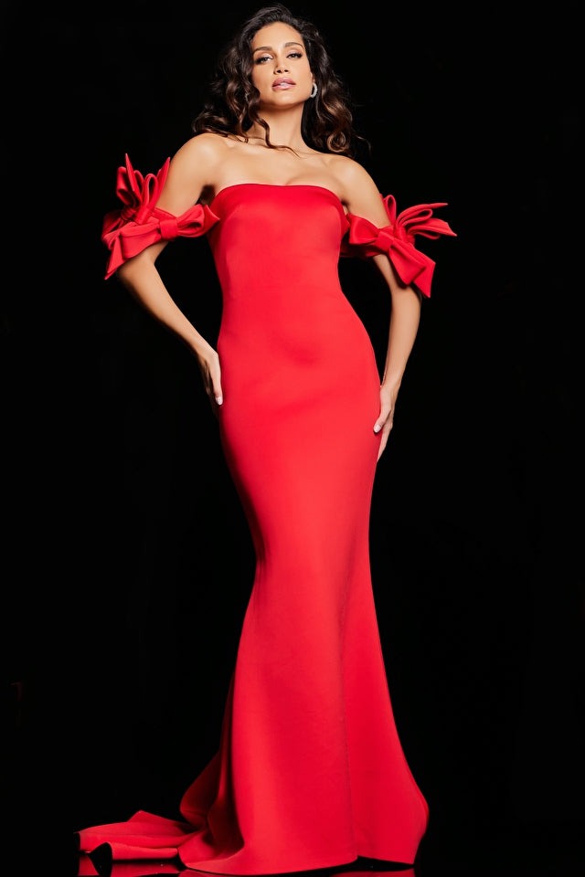 Jovani Evening Dress Jovani 36997 Red Off the Shoulder Fitted Dress