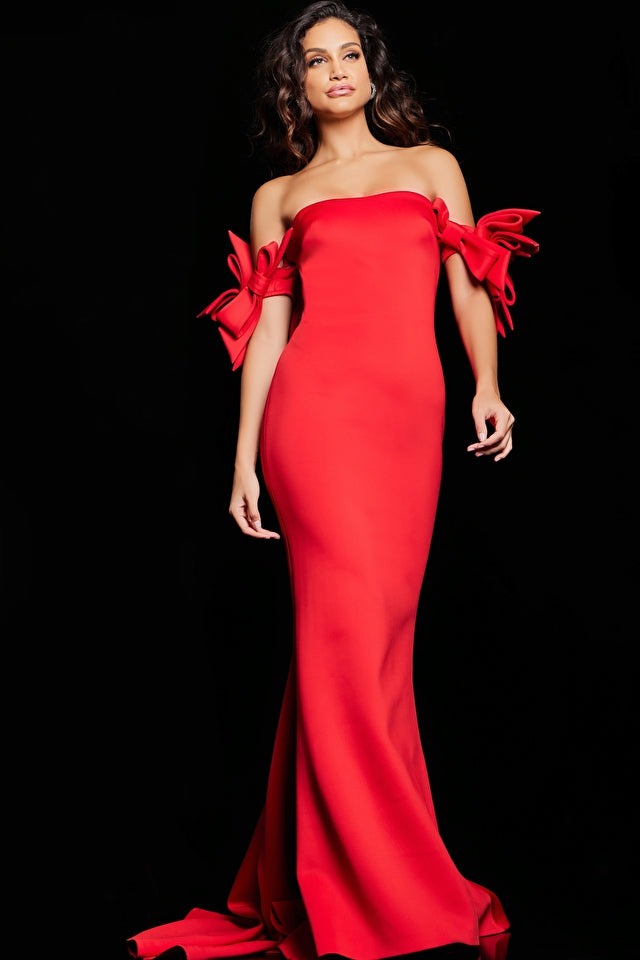 Jovani Evening Dress Jovani 36997 Red Off the Shoulder Fitted Dress