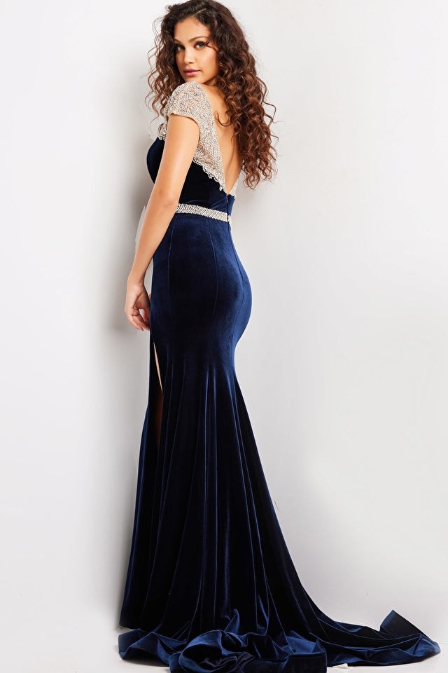 Jovani Evening Dress Jovani 37246 Navy Plunging Neck Crystal Embellished Dress