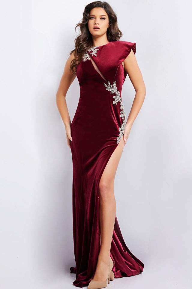 Jovani Evening Dress Jovani 37341 Burgundy Crystal Embellished Velvet Gown