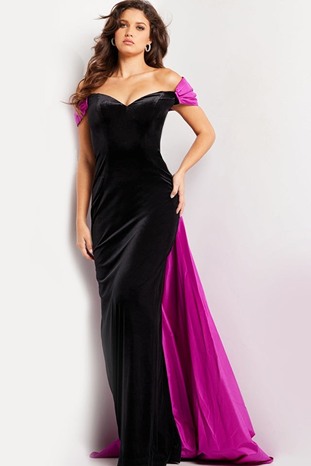 Jovani Evening Dress Jovani 37375 Black Fuchsia Velvet Off the Shoulder Dress