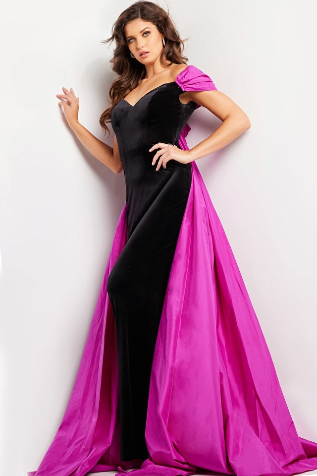 Jovani Evening Dress Jovani 37375 Black Fuchsia Velvet Off the Shoulder Dress