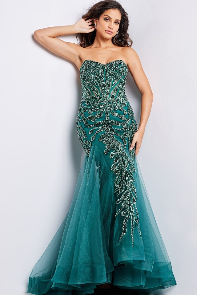 Jovani Evening Dress Jovani 37412 Emerald Sequin Embellished Gown