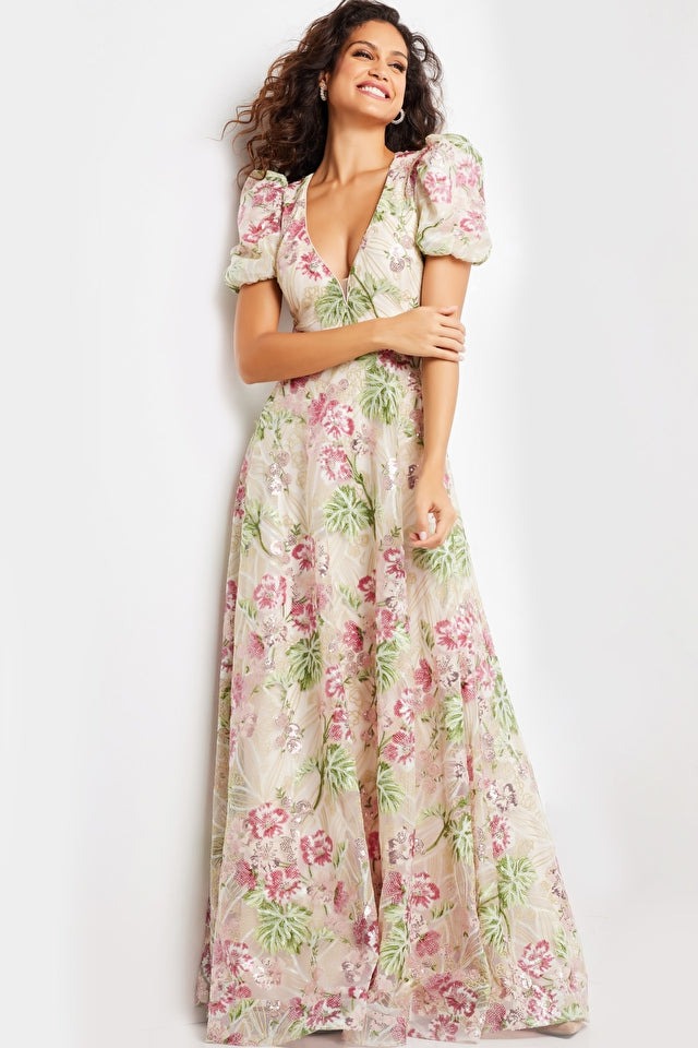 Jovani Evening Dress Jovani 37636 Multi Color Short Sleeve Floral Dress
