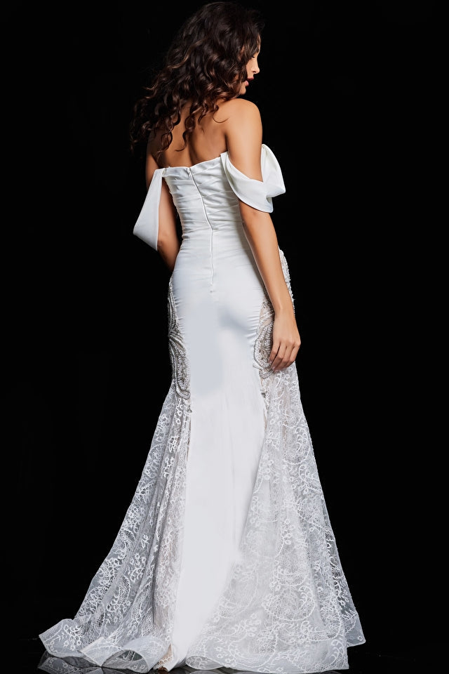 NorasBridalBoutiqueNY Jovani 38501 Ivory Off the Shoulder Embellished Dress