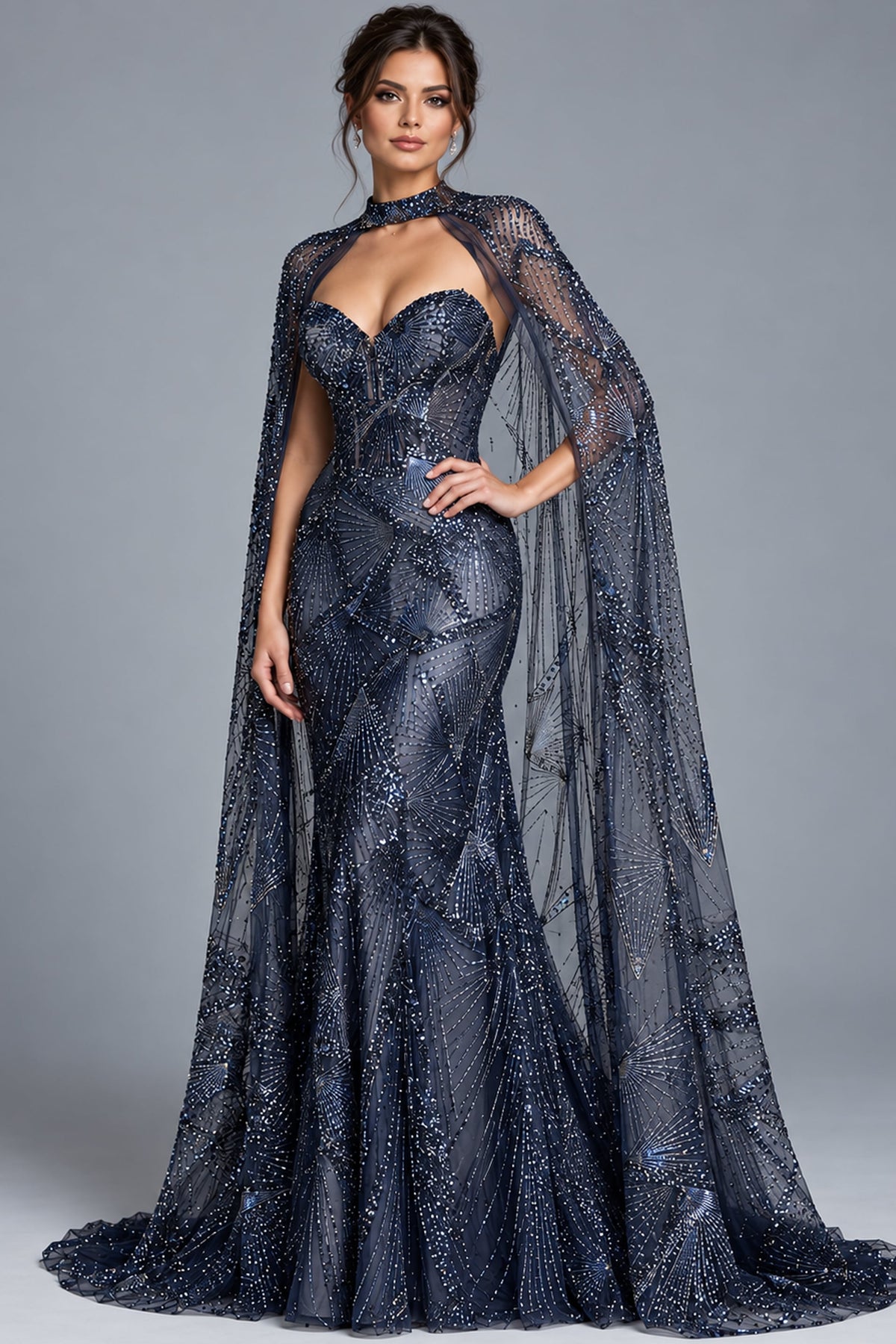 Jovani Evening Dress Jovani 39214 Strapless Gown With Beaded Sheer Cape