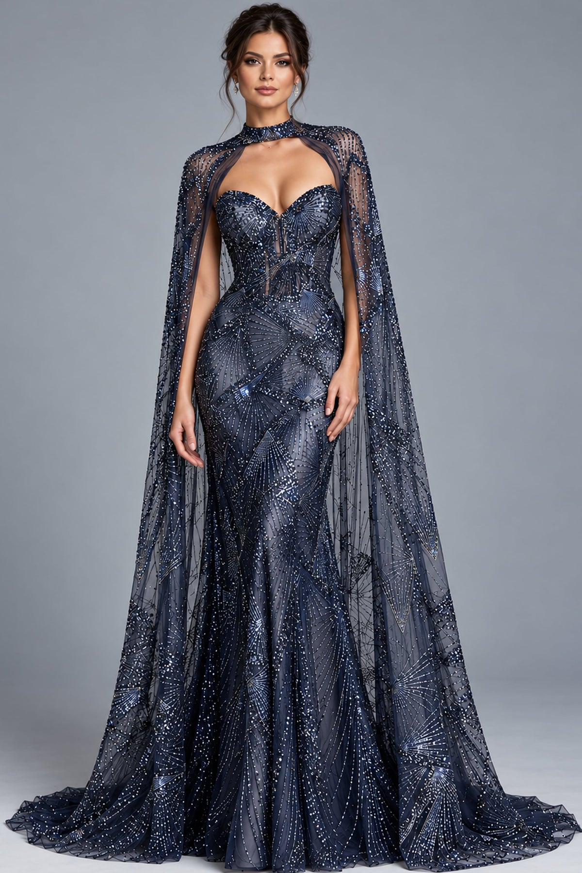 Jovani Evening Dress Jovani 39214 Strapless Gown With Beaded Sheer Cape