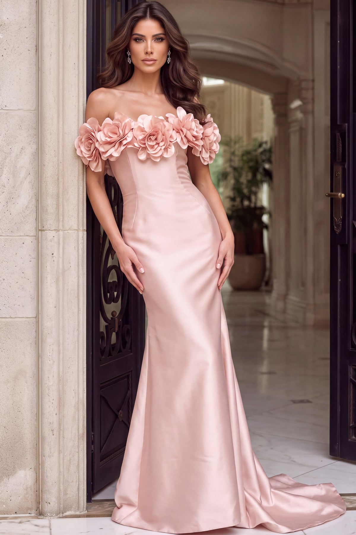 Jovani Evening Dress Jovani 45668 Off Shoulder Floral Applique Satin Trumpet Gown