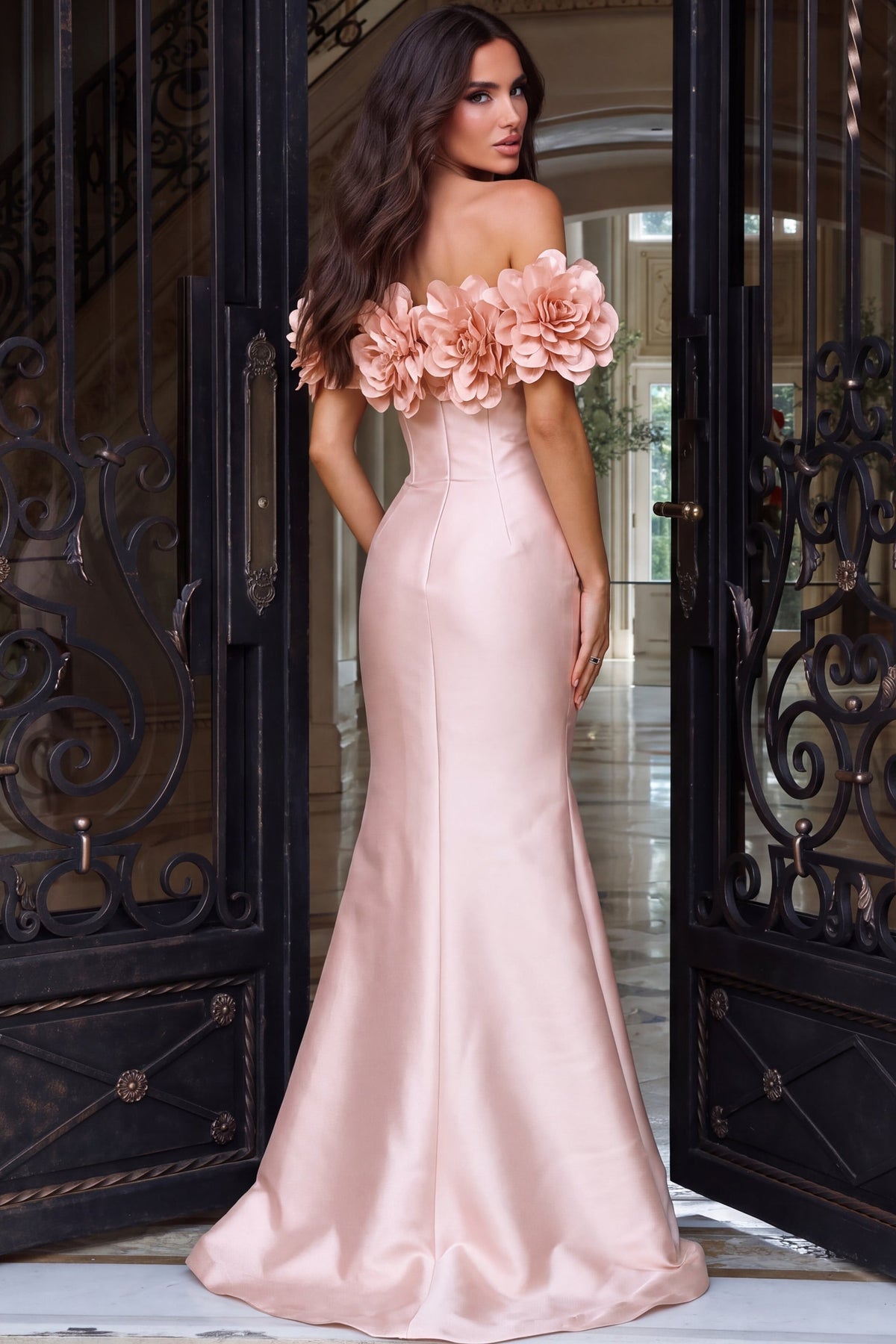 Jovani Evening Dress Jovani 45668 Off Shoulder Floral Applique Satin Trumpet Gown