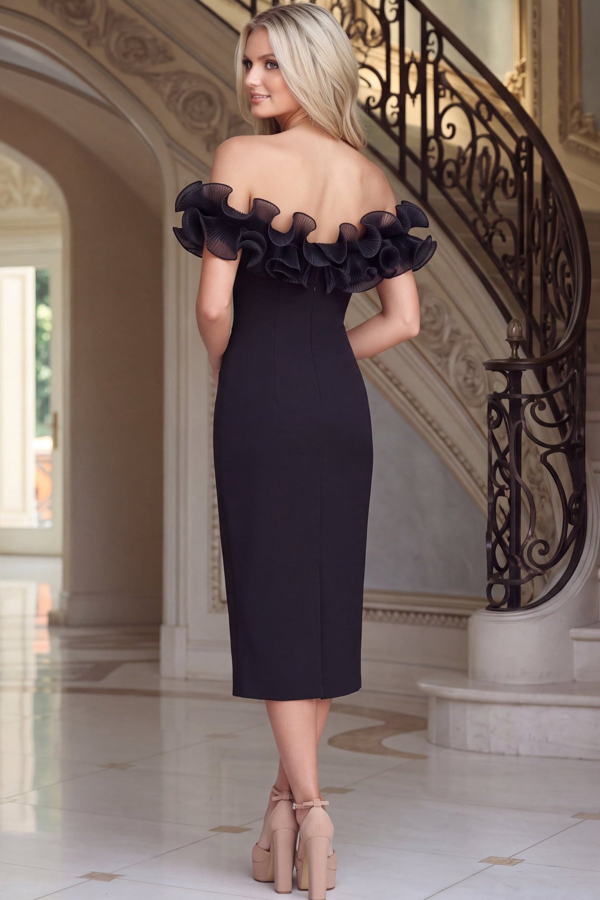 Jovani Evening Dress Jovani 47871 Off The Shoulder Ruffle Neckline Crepe Midi Dress