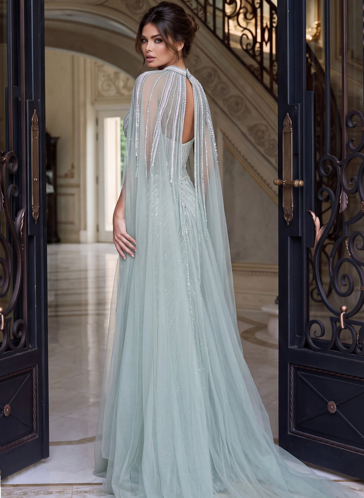 Jovani Evening Dress Jovani 48421 Seafoam Beaded Mermaid Gown With High Collar Cape