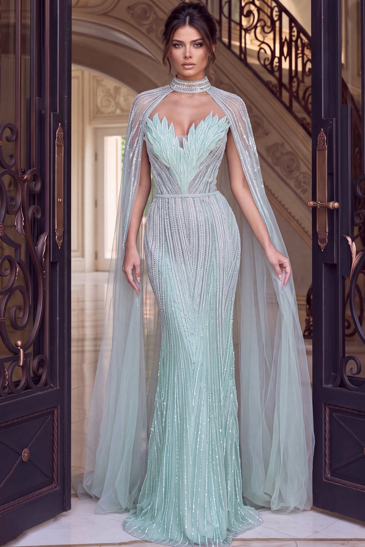 Jovani Evening Dress Jovani 48421 Seafoam Beaded Mermaid Gown With High Collar Cape