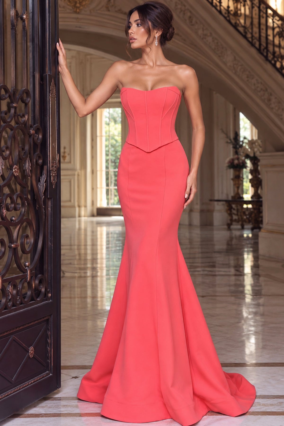 Jovani Evening Dress Jovani 49886 Watermelon Strapless Corset Crepe Mermaid Gown