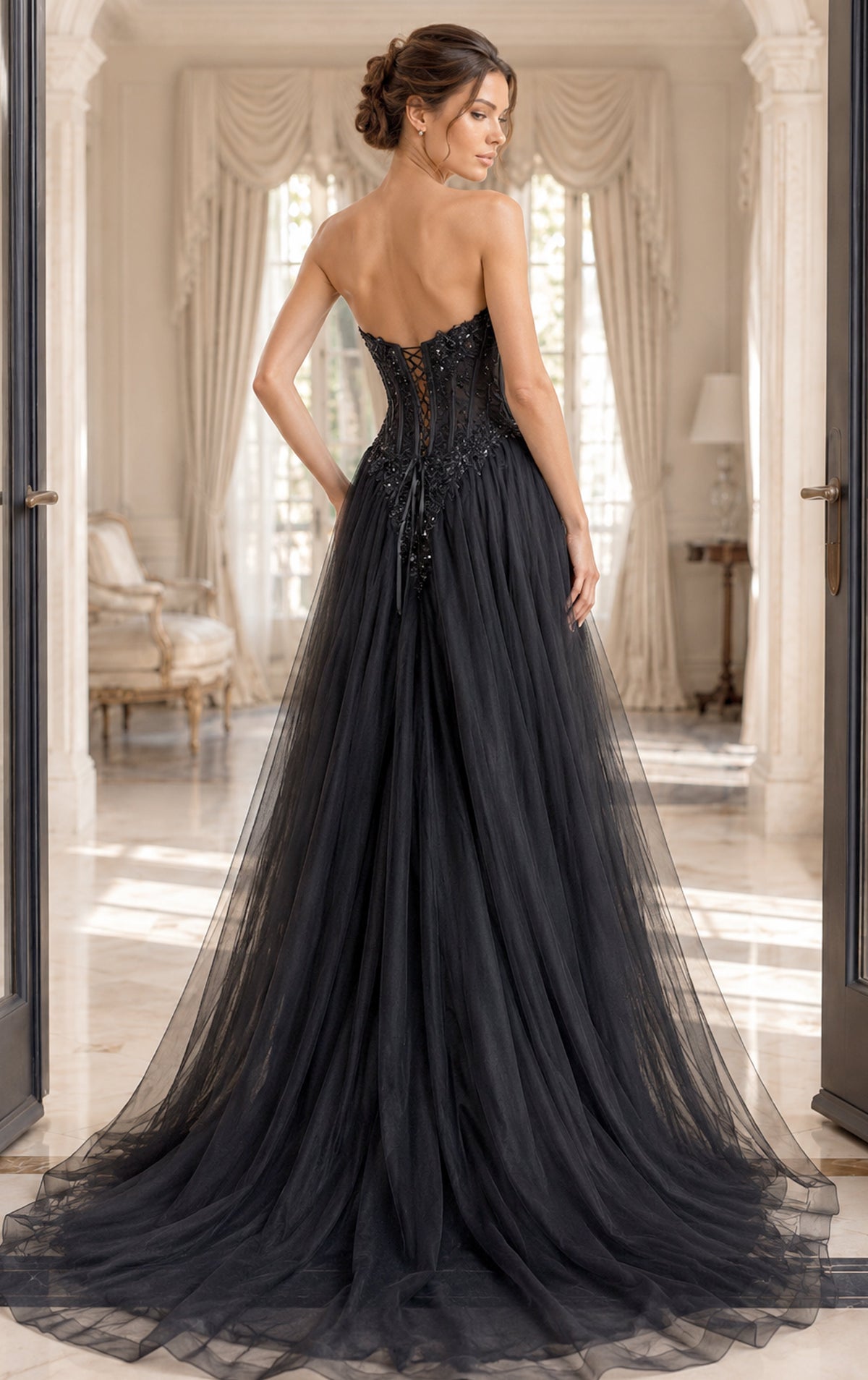 Jovani Evening Dress Jovani 50011 Beaded Floral Lace Strapless Tulle Gown