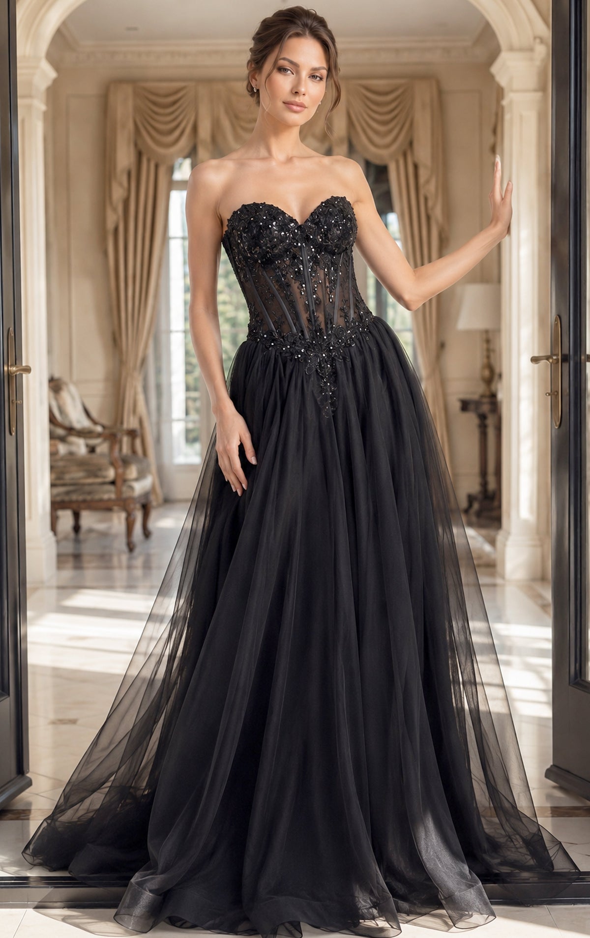Jovani Evening Dress Jovani 50011 Beaded Floral Lace Strapless Tulle Gown