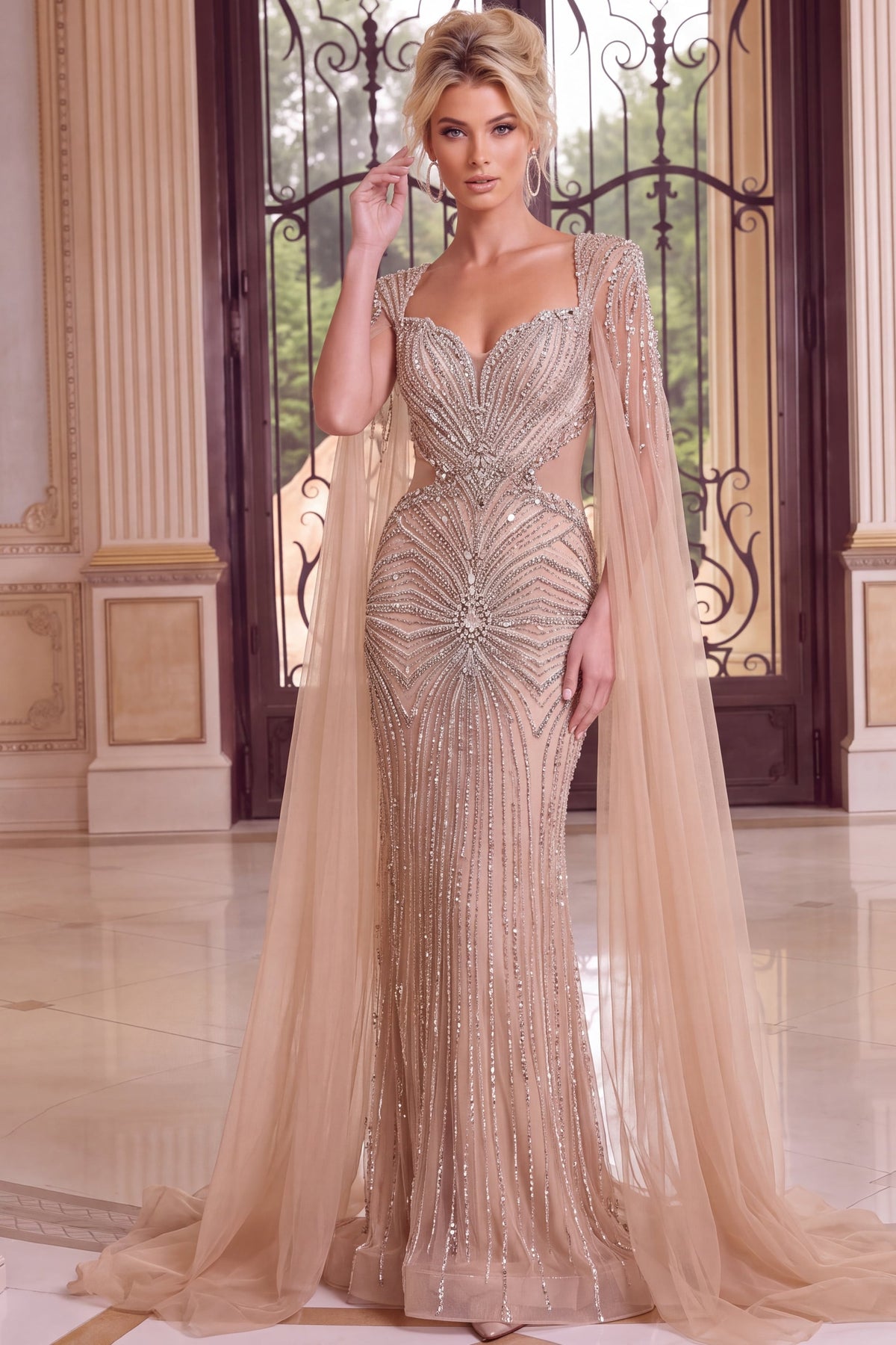 Jovani Evening Dress Jovani 50201 Beaded Illusion Sleeve Mermaid Evening Gown