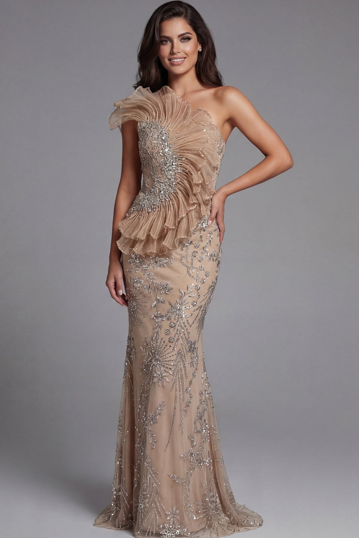 Jovani Evening Dress Jovani 50205 One Shoulder Nude Embellished Gown