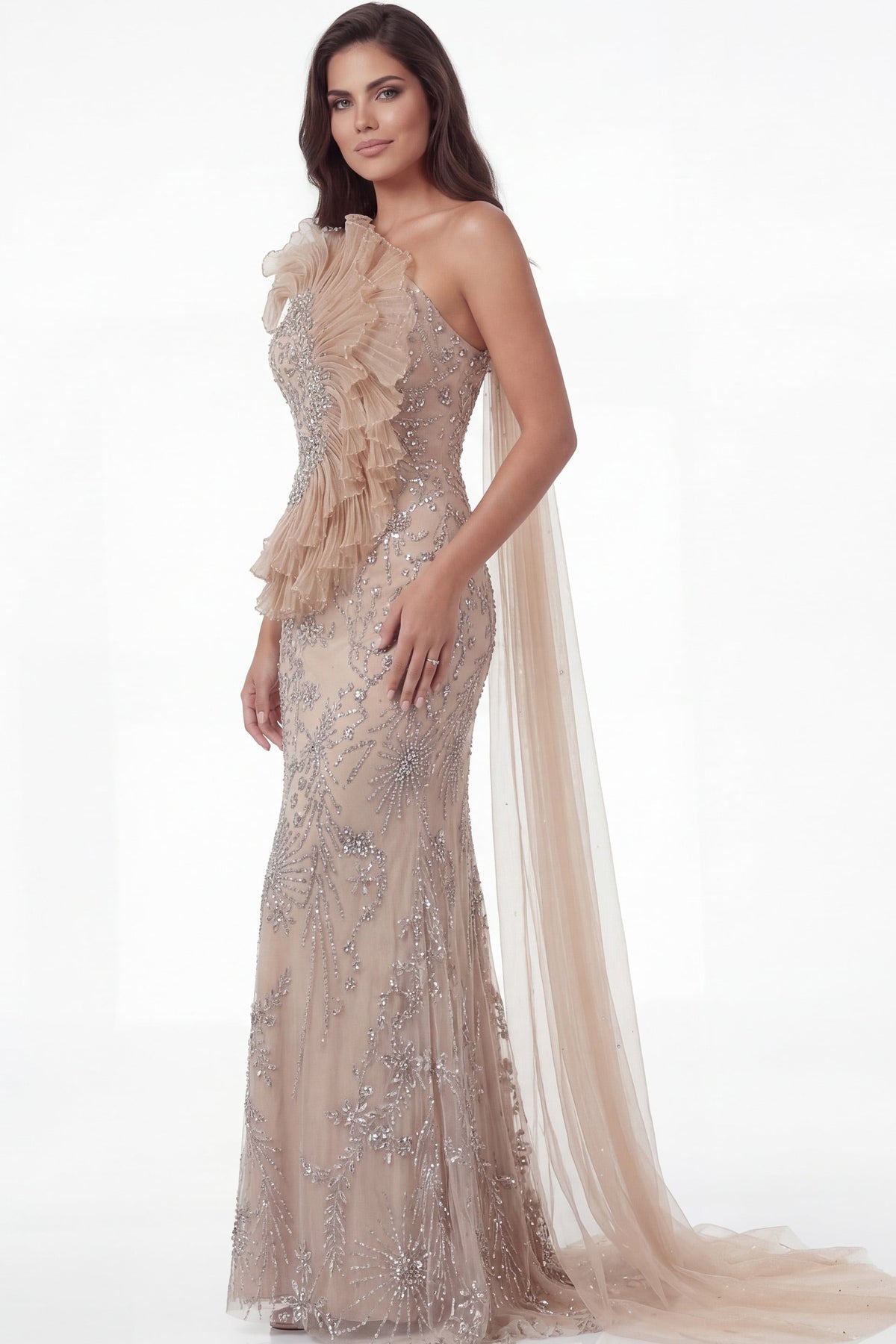 Jovani Evening Dress Jovani 50205 One Shoulder Nude Embellished Gown