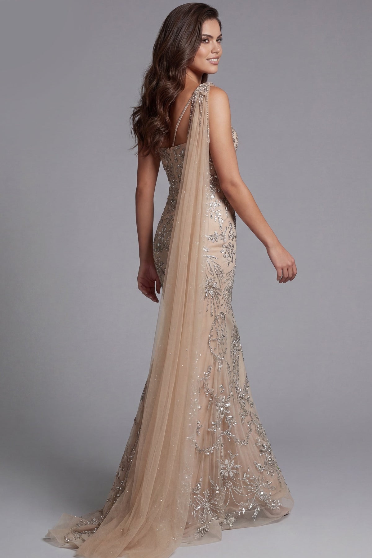 Jovani Evening Dress Jovani 50205 One Shoulder Nude Embellished Gown