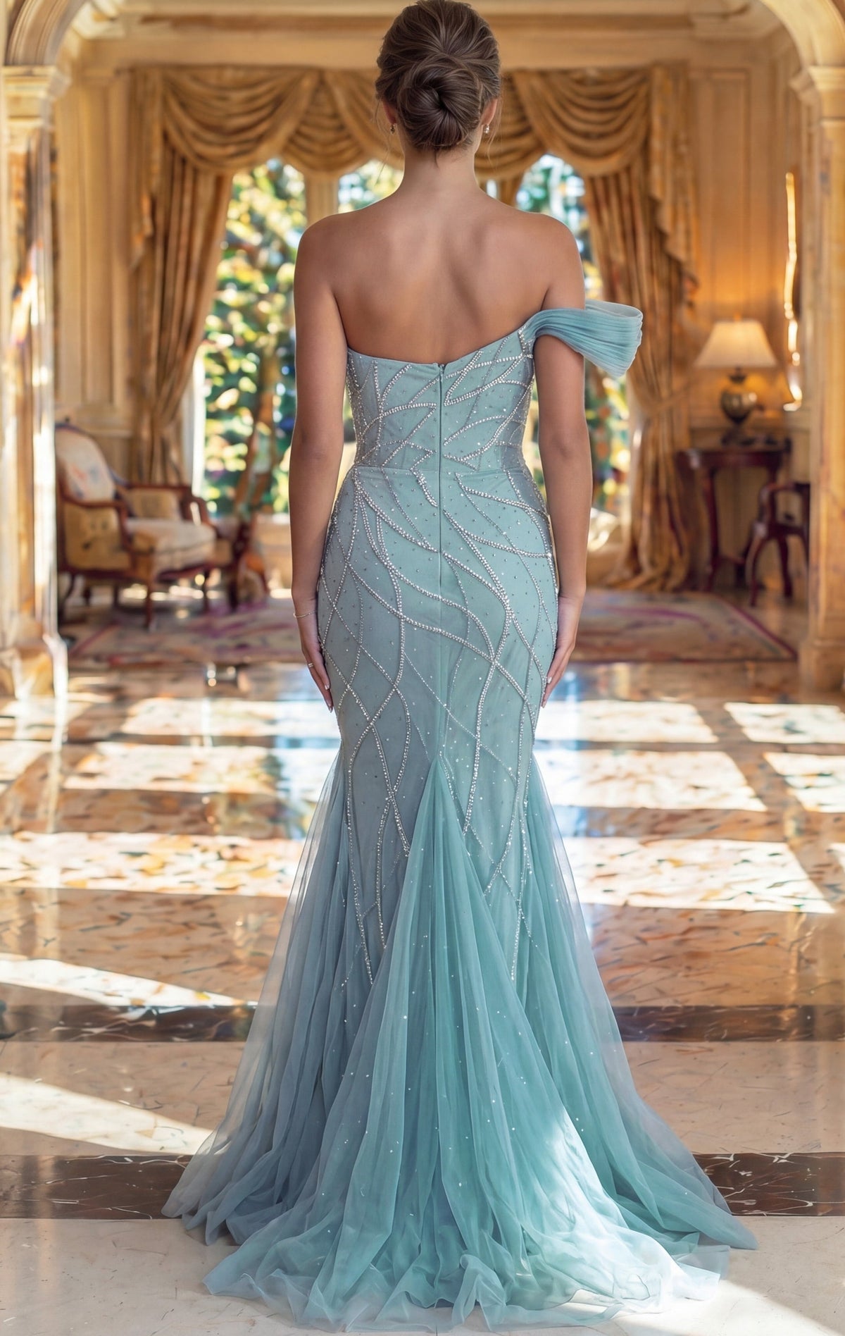 Jovani Evening Dress Jovani 50206 Beaded Mermaid Gown With Draped Off Shoulder Detail