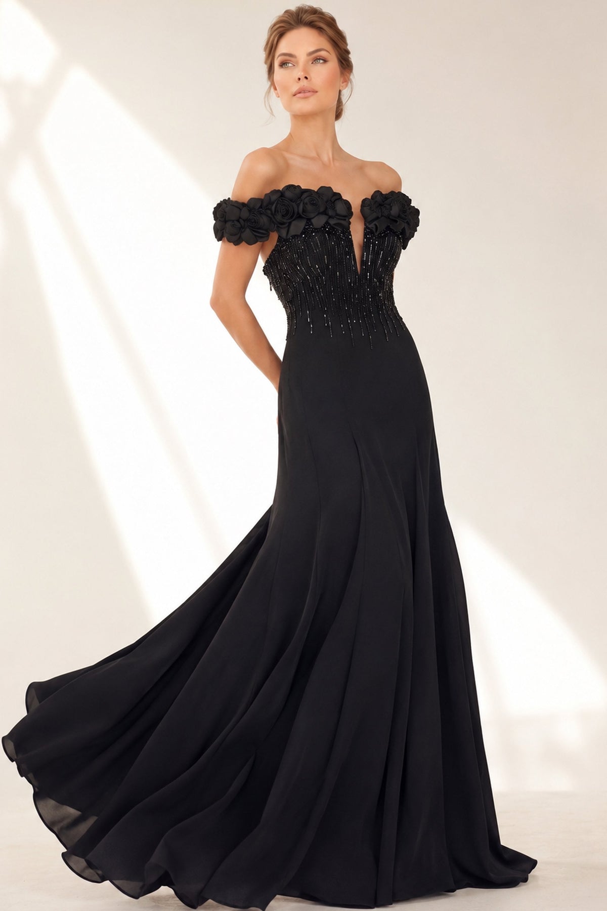Jovani Evening Dress Jovani 50212 3D Rose Off Shoulder Beaded Bodice Chiffon Evening Gown