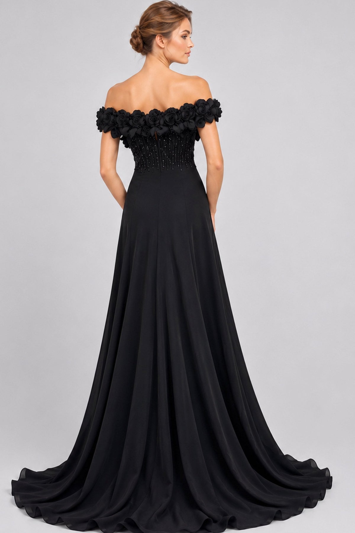 Jovani Evening Dress Jovani 50212 3D Rose Off Shoulder Beaded Bodice Chiffon Evening Gown