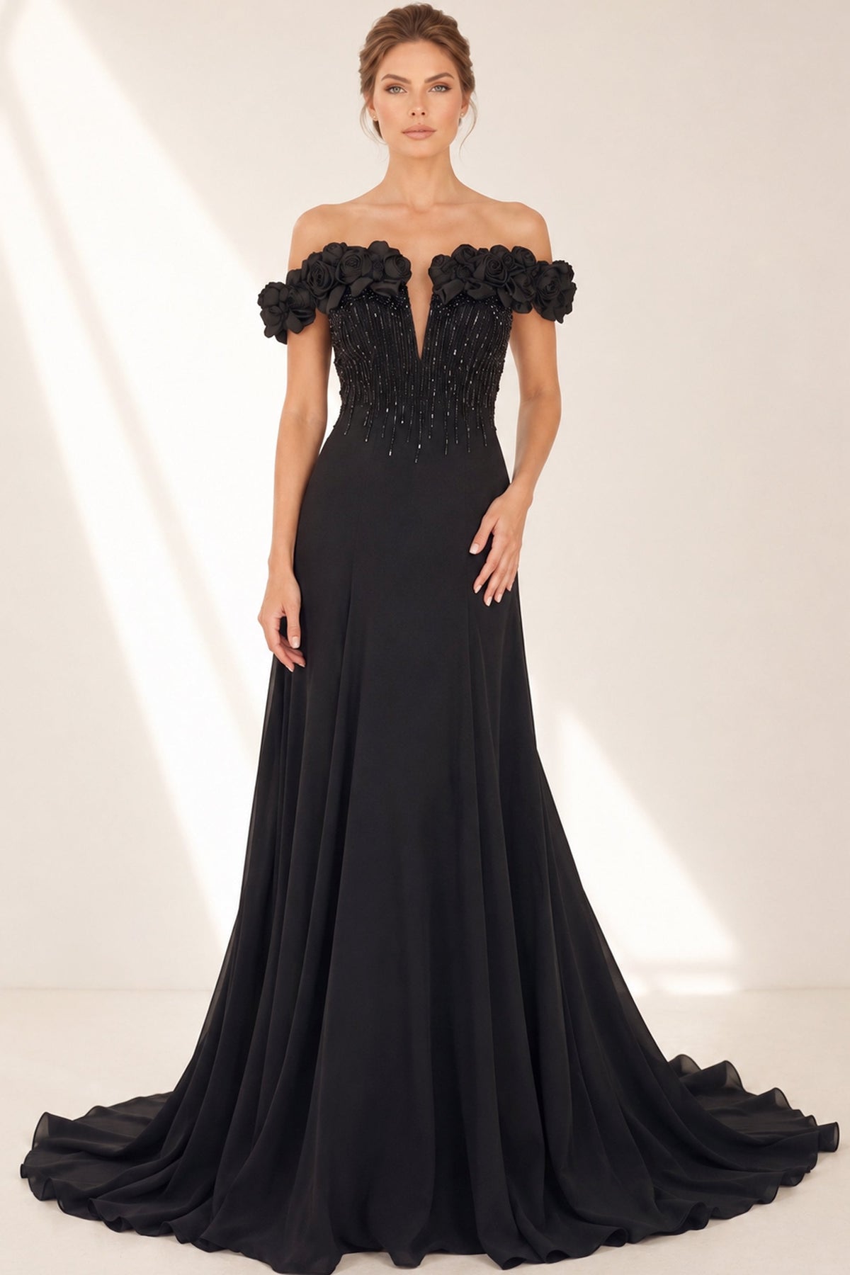 Jovani Evening Dress Jovani 50212 3D Rose Off Shoulder Beaded Bodice Chiffon Evening Gown