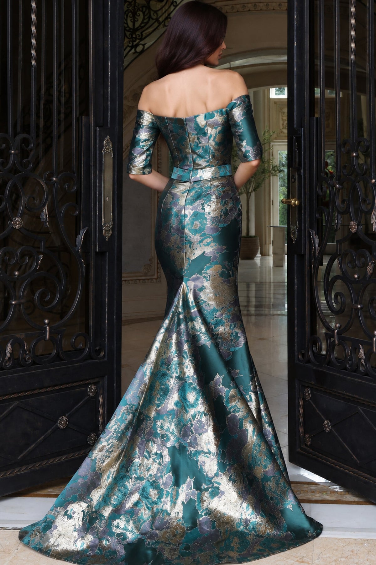 Jovani Evening Dress Jovani 51599 Off Shoulder Metallic Jacquard Mermaid Gown