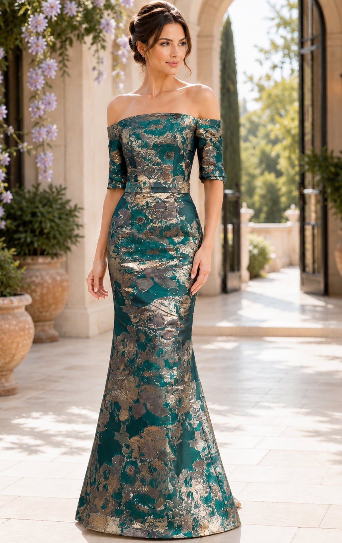 Jovani Evening Dress Jovani 51599 Off Shoulder Metallic Jacquard Mermaid Gown