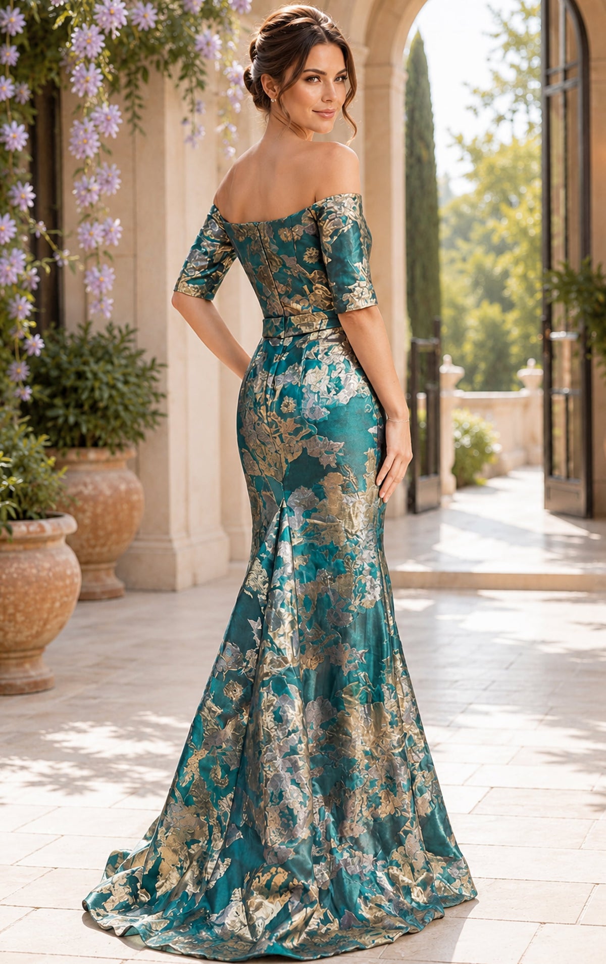 Jovani Evening Dress Jovani 51599 Off Shoulder Metallic Jacquard Mermaid Gown