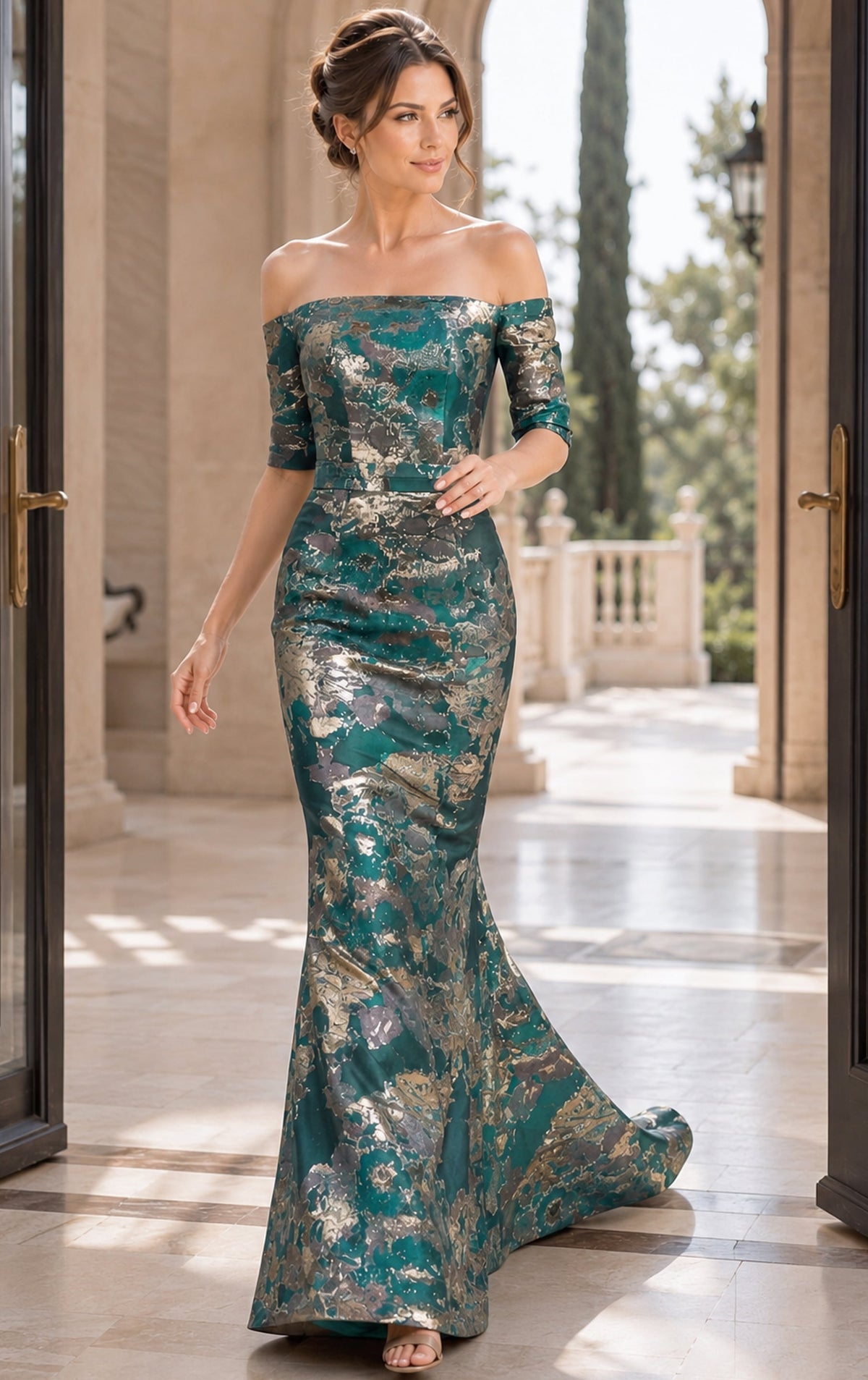 Jovani Evening Dress Jovani 51599 Off Shoulder Metallic Jacquard Mermaid Gown
