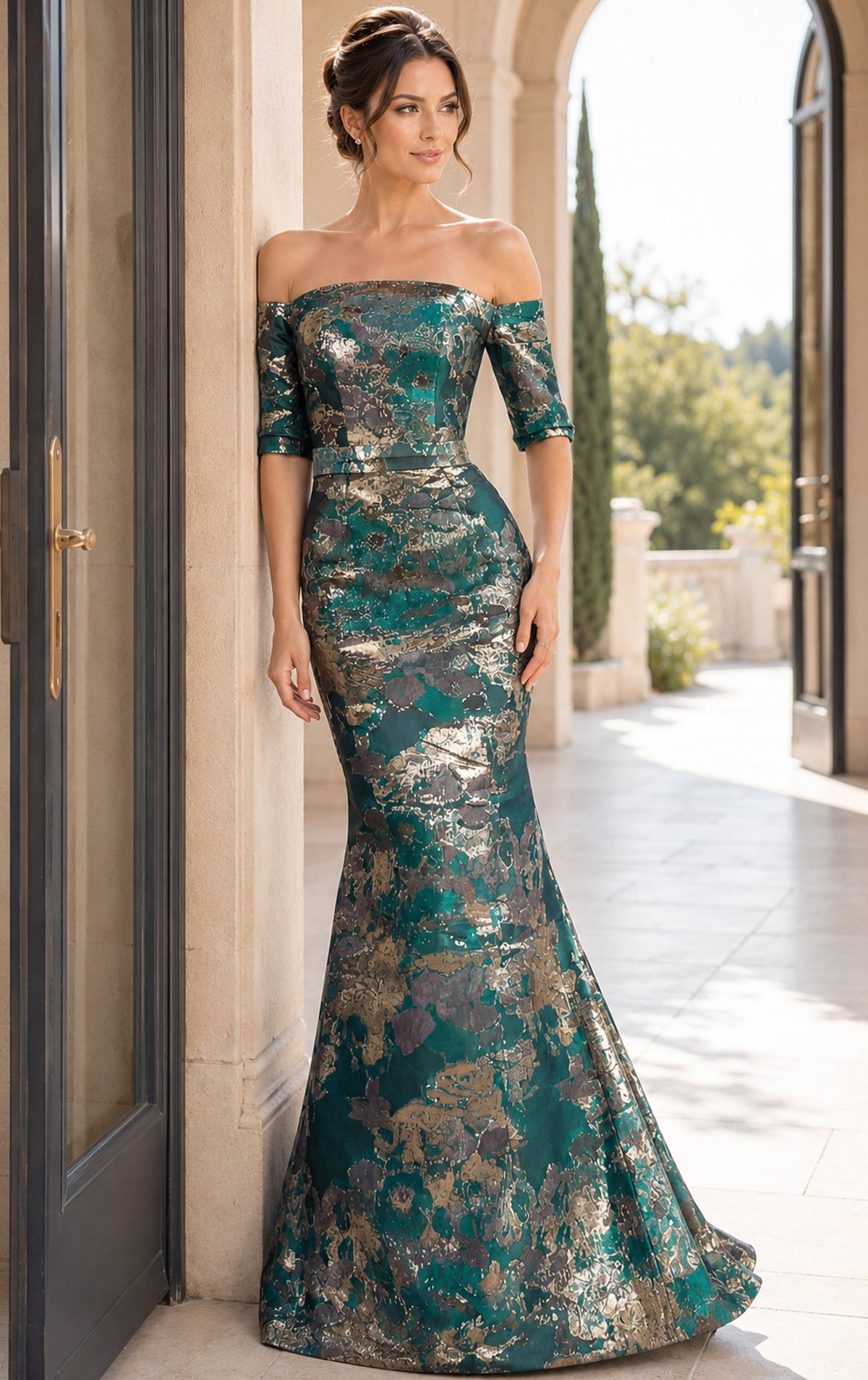 Jovani Evening Dress Jovani 51599 Off Shoulder Metallic Jacquard Mermaid Gown