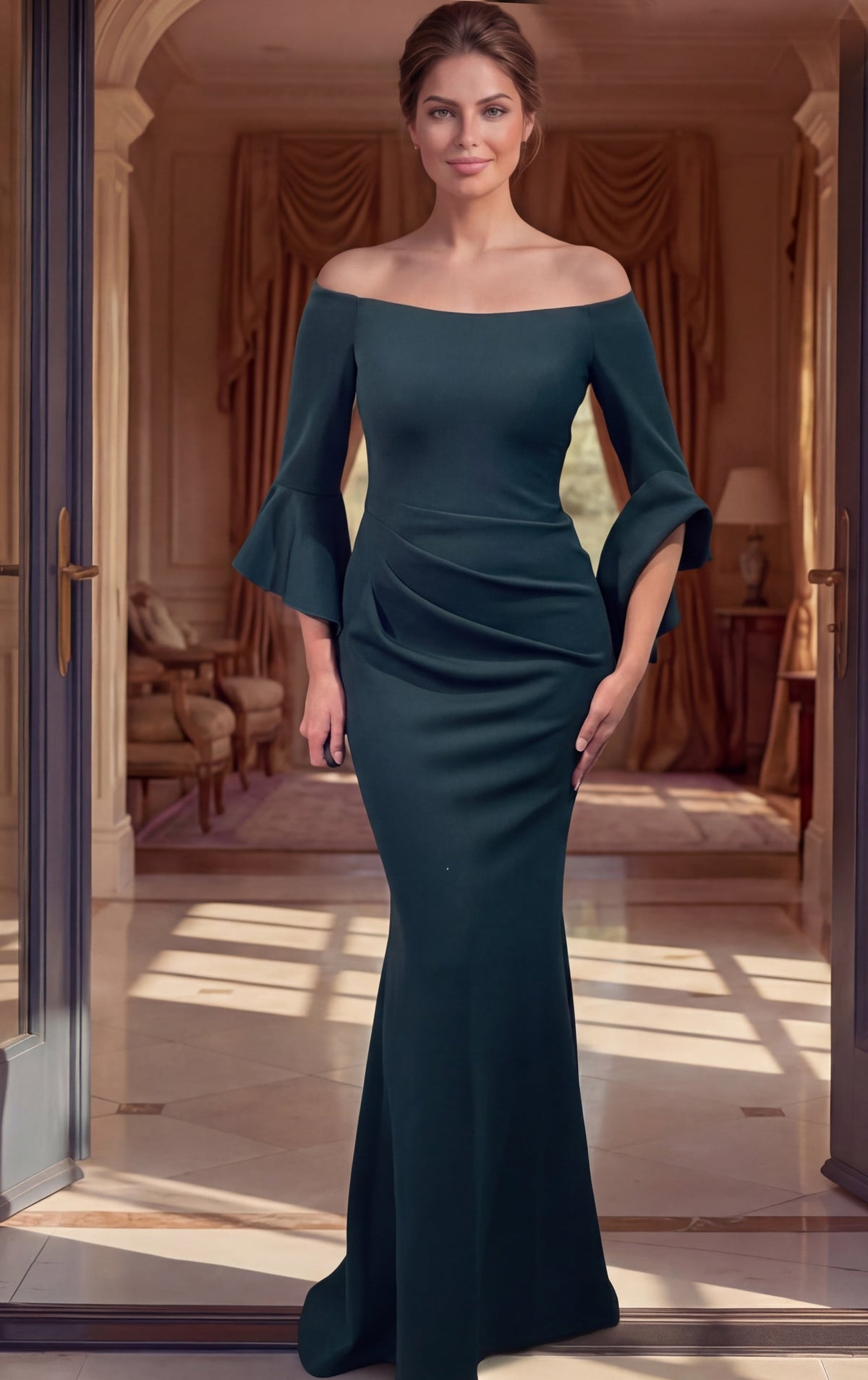Jovani Evening Dress Jovani 51645 Off Shoulder Bell Sleeve Mermaid Gown