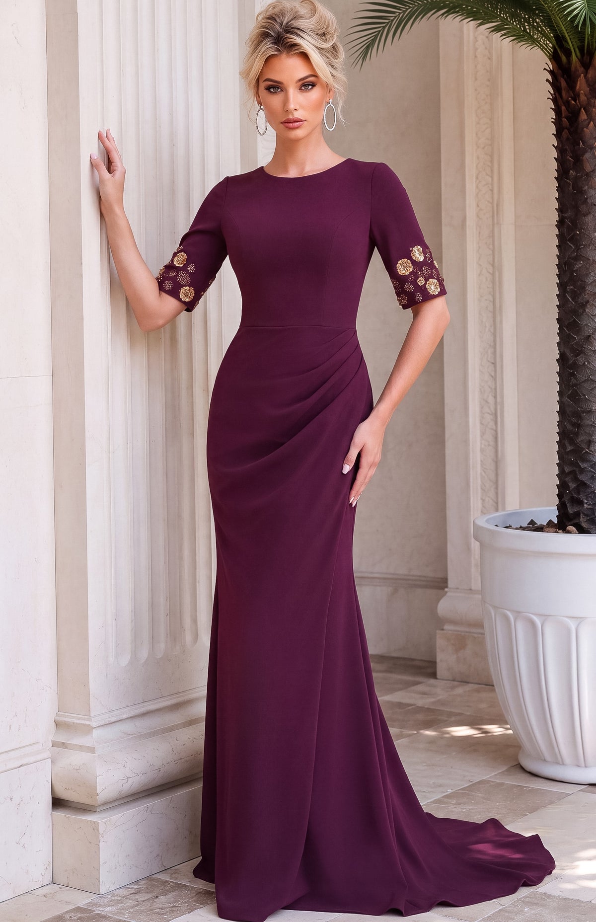 Jovani Evening Dress Jovani 51647 Round Neck Beaded Cuffs Column Gown