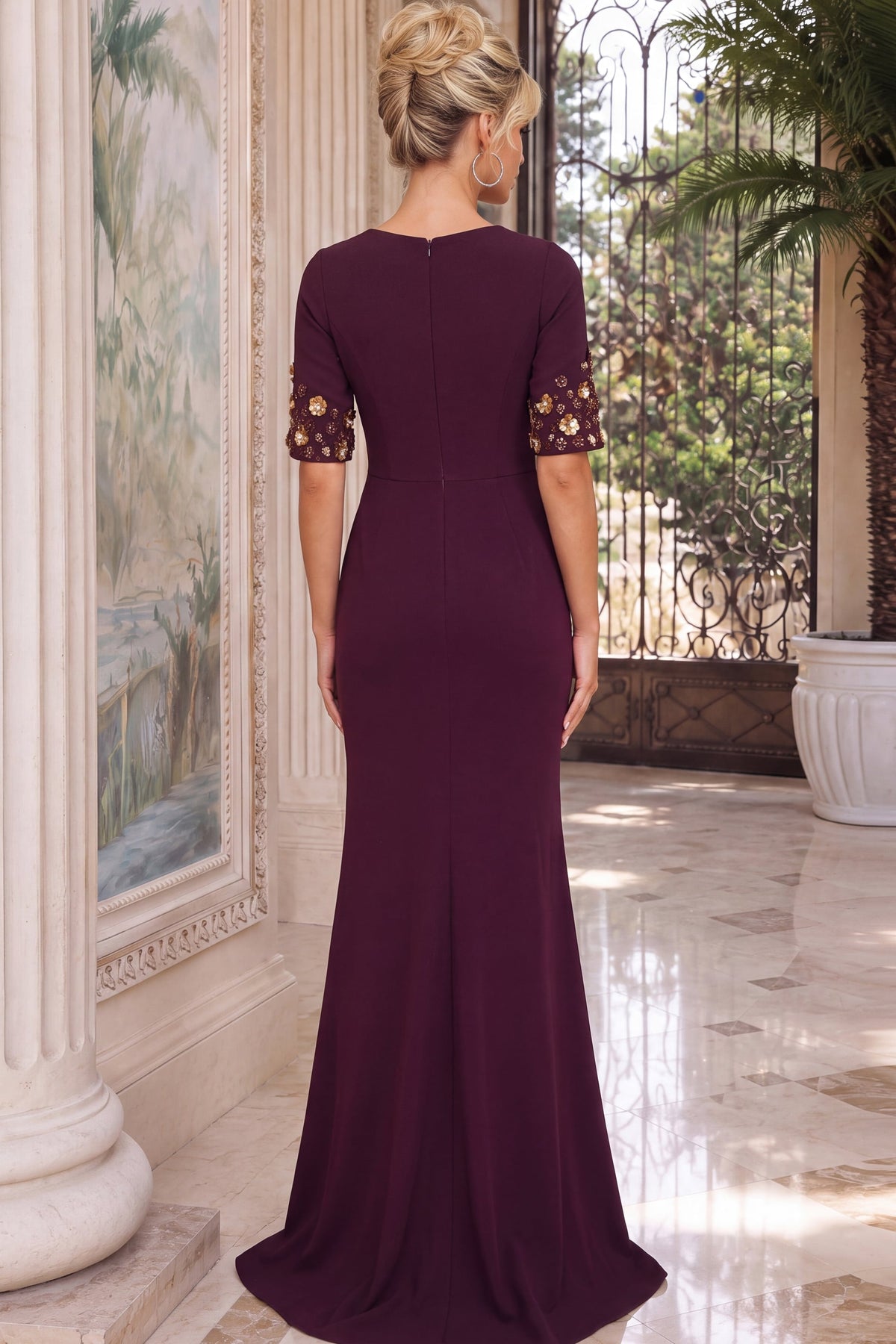 Jovani Evening Dress Jovani 51647 Round Neck Beaded Cuffs Column Gown