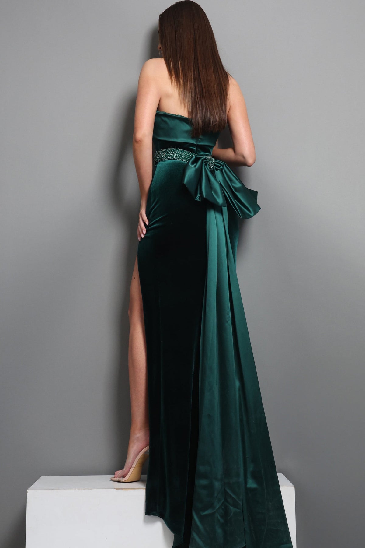 Jovani Evening Dress Jovani 51648 Strapless Velvet Beaded Slit Train Sheath Long Dress